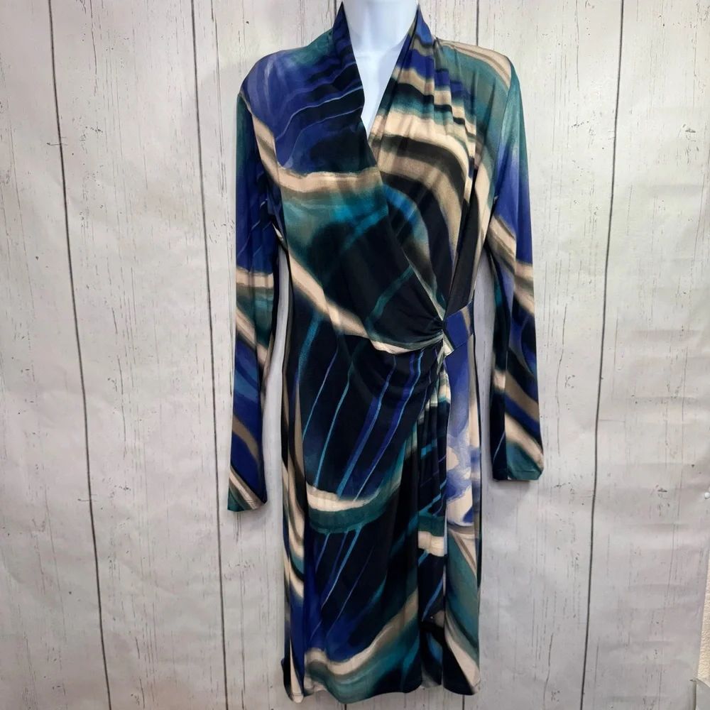 Karen Kane Womens Abstract Wrap Dress M Blue Tan Black Made in USA Office Chic